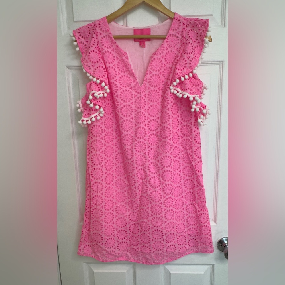 Lilly Pulitzer Pink Eyelet Mini Dress with Pom-Pom Trim
